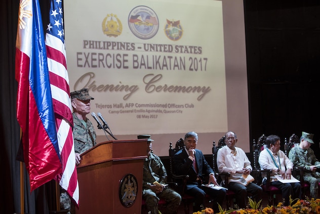 U.S. Marine Lt. Gen. Lawrence D. Nicholson speaks during the Balikatan 2017 opening ceremony at Camp Aguinaldo, Quezon City, May 8, 2017. Nicholson is the commanding general of III Marine Expeditionary Force. Balikatan is an annual U.S.-Philippine bilateral military exercise focused on a variety of missions including humanitarian and disaster relief, counterterrorism, and other combined military operations. 
