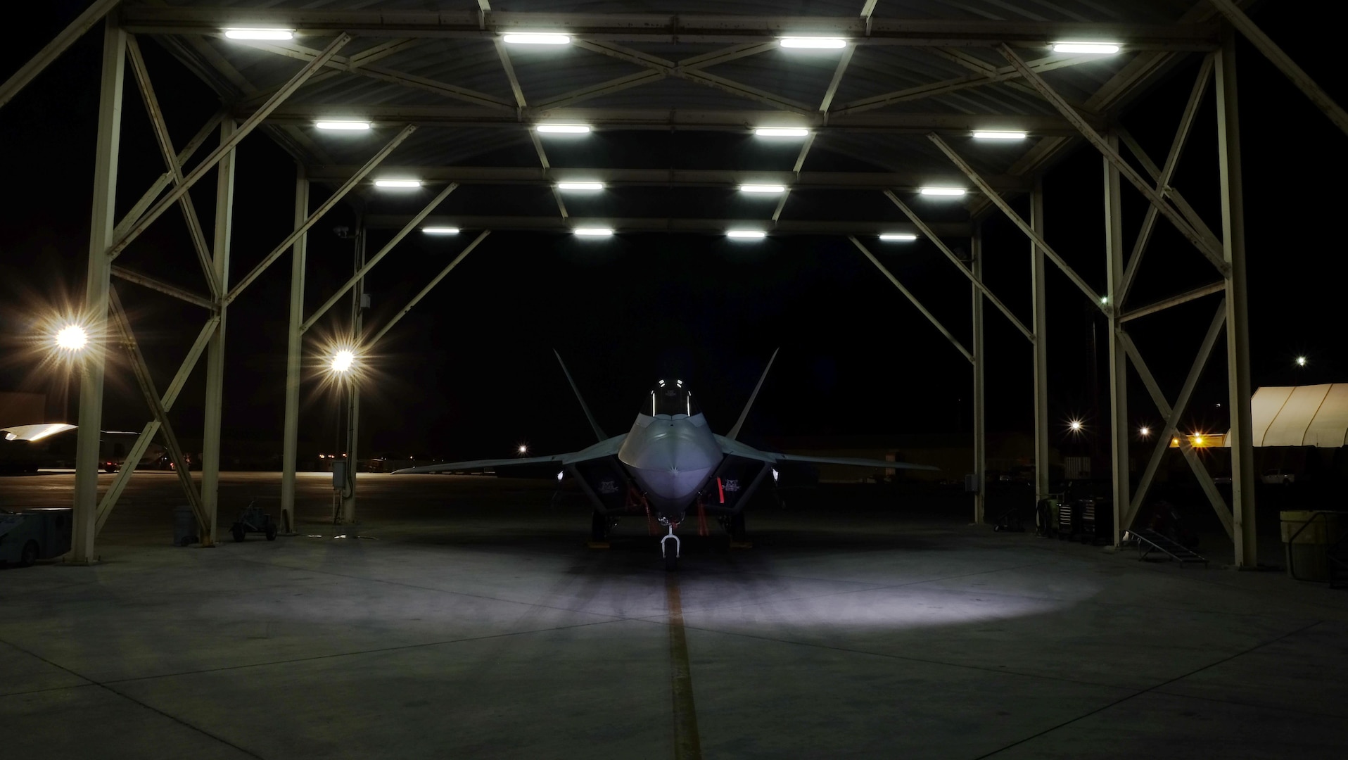 An F-22A Raptor with the 27th Expeditionary Fighter Squadron rests on the flight line after flying in support of Combined Joint Task Force- Operation Inherent Resolve at an undisclosed location in Southwest Asia, May 3, 2017. The 27 EFS, currently deployed with the 380th Air Expeditionary Wing, will celebrate its centennial May 8, 2017. This squadron is one of the oldest and most famous fighter squadrons in American history and carries on its long legacy of airpower in the fight against ISIS. (U.S. Air Force photo by Staff Sgt. Marjorie A. Bowlden)
