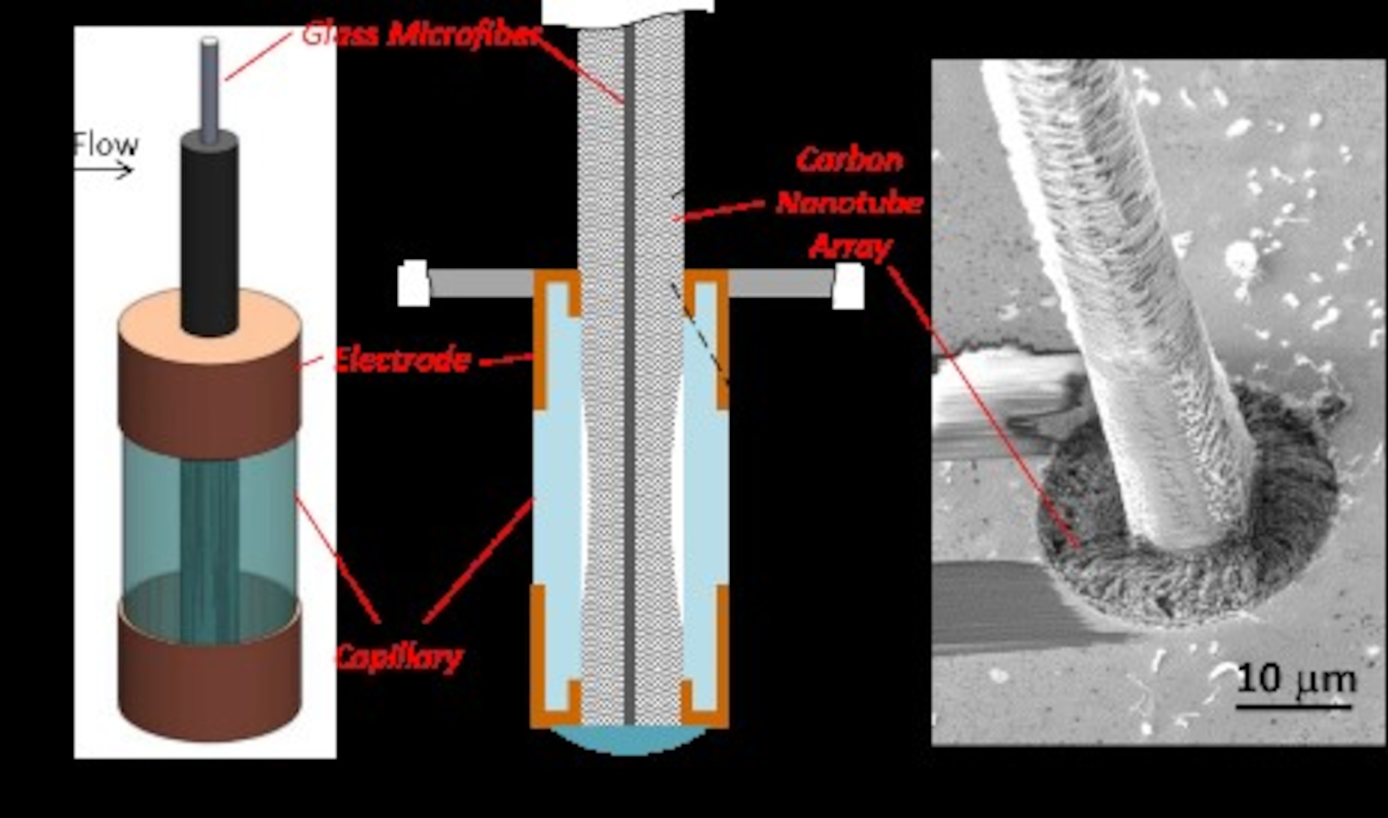 Researchers at the Materials and Manufacturing Directorate, Air Force Research Laboratory, have developed a novel, lightweight artificial hair sensor that mimics those used by natural fliers—like bats and crickets—by using carbon nanotube forests grown inside glass fiber capillaries. The hairs are sensitive to air flow changes during flight, enabling quick analysis and response by agile fliers. The diagram pairs an overview of the hair sensor components with an image captured on a Scanning Electron Microscope. (Graphic courtesy of AFRL.)