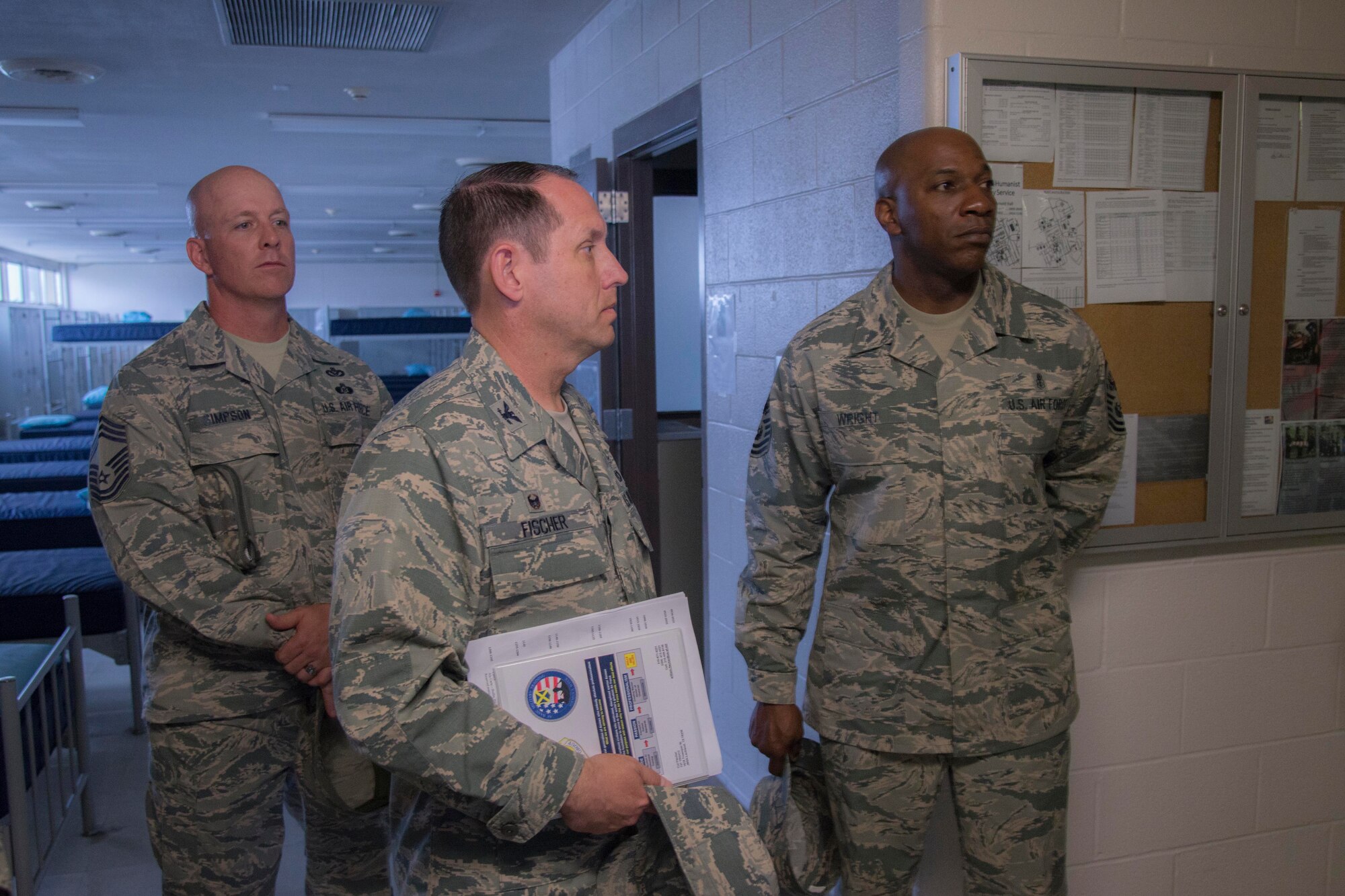Col. William Fischer, commander of the 737th Training Group, left, Chief Master Sgt.
Of the Air Force Kaleth O. Wright, center, and Chief Master Sgt. Daniel Simpson,
superintendent of the 737th TRG, tour the 324th Training Squadron at Joint Base San
Antonio-Lackland, Texas May 3, 2017. The CMSAF visited JBSA-Lackland on his
initial immersion tour of Air Force Basic Military Training and Airmen’s Week, a
week-long discussion-based course designed to help new Airmen internalize the Air
Force core values while developing professionalism, resiliency and an Airmen’s
corps inspired by heritage and motivated to deliver Air Power for America. (U.S. Air
Force photo by Airman Dillon Parker)