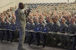 Chief Master Sgt. of the Air Force Kaleth O. Wright delivers a speech to Airmen from
the 326th Training Squadron May 3, 2017, inside the Pfingston Reception Center
auditorium at Joint Base San Antonio-Lackland. The CMSAF visited JBSA-Lackland
on his initial immersion tour of Air Force Basic Military Training and Airmen’s
Week, a week-long discussion-based course designed to help new Airmen
internalize the Air Force core values while developing professionalism, resiliency
and an Airmen’s corps inspired by heritage and motivated to deliver Air Power for
America. 