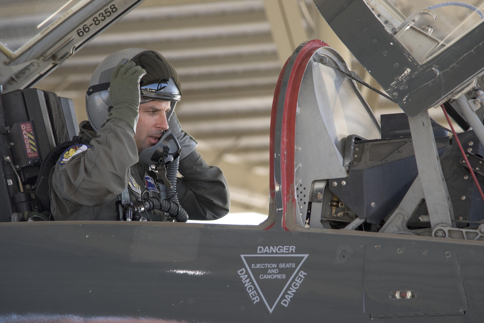 Lt. Col. Kyle Goldstein, 39th Flying Training Squadron commander, prepares to take off in a T-38 C Talon May 4, 2017, at Joint Base San Antonio-Randolph, Texas during the Cobras in the Clouds exercise. The exercise gave 39th FTS members a chance to practice their war-time mission of taking control of the training mission of the 12th Operations Group. (U.S. Air Force photo by Senior Airman Stormy Archer)