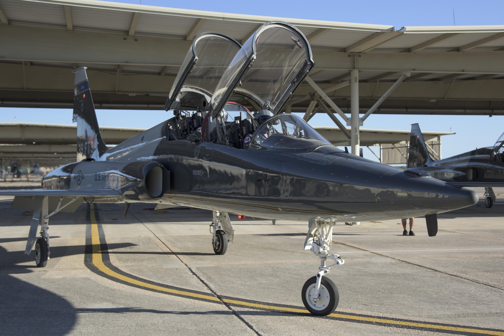 A T-38 Talon operated by members of the 39th Flying Training Squadron taxis out May 4, 2017, at Joint Base San Antonio-Randolph, Texas, during the Cobras in the Clouds exercise. The exercise gave 39th FTS members a chance to practice their war-time mission of taking control of the training mission of the 12th Operations Group. (U.S. Air Force photo by Senior Airman Stormy Archer)