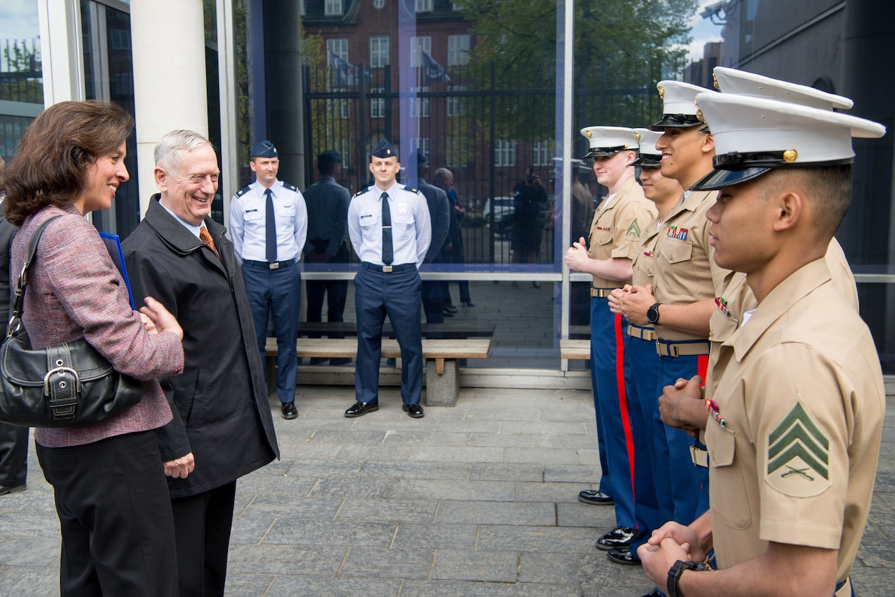 Defense Secretary Jim Mattis greets service members at the U.S. Embassy in Copenhagen, Denmark, May 8, 2017. Mattis and the Danish defense minister plan to co-host a meeting of senior leaders from 15 countries that are key contributors to the fight against the Islamic State of Iraq and Syria. DoD photo by Air Force Staff Sgt. Jette Carr