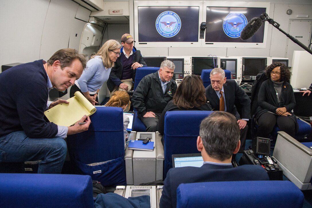 Defense Secretary Jim Mattis speaks with the press while en route to Copenhagen, Denmark, May 7, 2017. DoD photo by Air Force Staff Sgt. Jette Carr