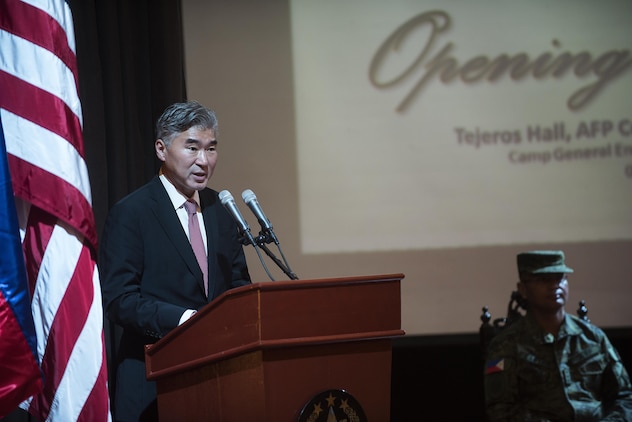 The Honorable Sung Y. Kim, U.S. Ambassador to the Philippines, speaks during the Balikatan 2017 opening ceremony at Camp Aguinaldo, Quezon City, May 8, 2017. Balikatan is an annual U.S.-Philippine bilateral military exercise focused on a variety of missions including humanitarian and disaster relief, counterterrorism, and other combined military operations. 