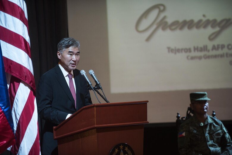 The Honorable Sung Y. Kim, U.S. Ambassador to the Philippines, speaks during the Balikatan 2017 opening ceremony at Camp Aguinaldo, Quezon City, May 8, 2017. Balikatan is an annual U.S.-Philippine bilateral military exercise focused on a variety of missions including humanitarian and disaster relief, counterterrorism, and other combined military operations. 