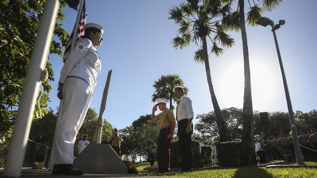 U.S. Marine Lt. Col. Brian Middleton, commanding officer of 3rd Battalion, 4th Marine Regiment, 1st Marine Division, Marine Rotational Force Darwin, and Nigel Scullion, senator for the Northern Territory, lay a wreath at a memorial for the Battle of the Coral Sea, May 7, 2017. The battle, which took place from May 4-8, 1942, was between the Imperial Japanese Navy and naval and air forces from the United States and Australia.