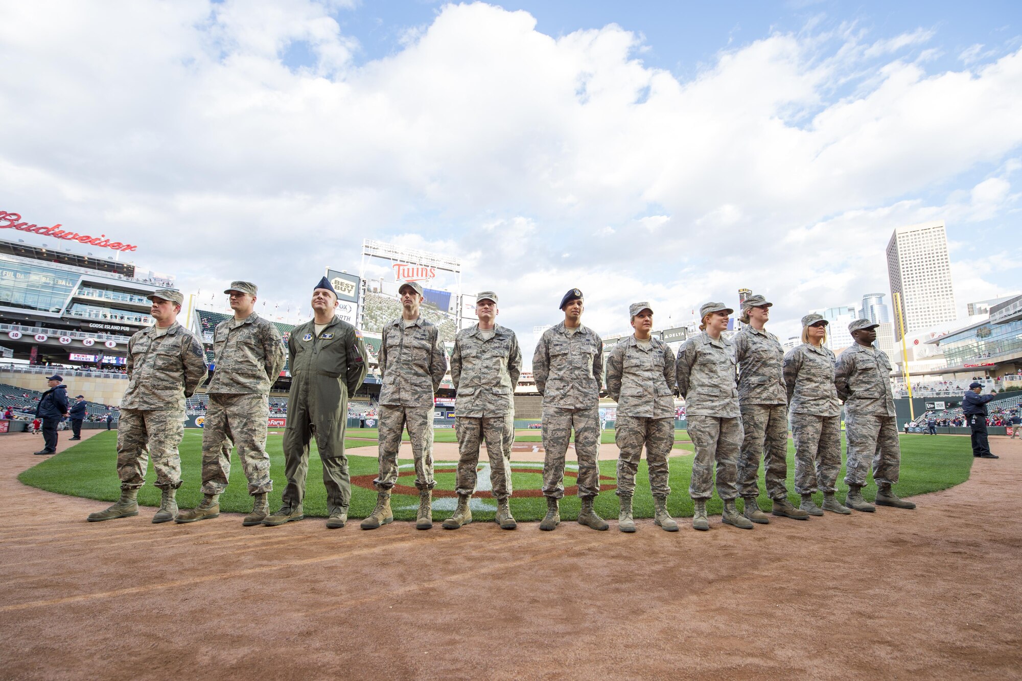 Outstanding airmen from the 133rd Airlift Wing were recognized before a Minnesota Twins home game at Target Field in Minneapolis, Minn., May 2, 2017. These stellar airman were selected for being dedicated to their missions, while being leaders in both the Minnesota Air National Guard and in their communities.
(U.S. Air National Guard photo by Tech. Sgt. Austen R. Adriaens/Released)