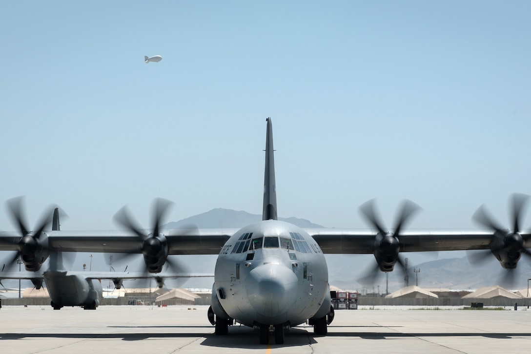 An aircrew prepares a C-130J Super Hercules aircraft for takeoff at Bagram Airfield, Afghanistan, May 5, 2017. Air Force photo by Staff Sgt. Benjamin Gonsier