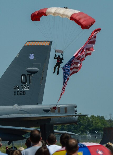 A member of the Skyhawks, the Canadian armed forces parachute team, prepares to land on the flightline during the 2017 Barksdale Air Force Base Airshow, May 6. The Skyhawks have performed aerobatic stunts for more than 75 million spectators over 40 years. (U.S. Air Force photo/Senior Airman Curt Beach)