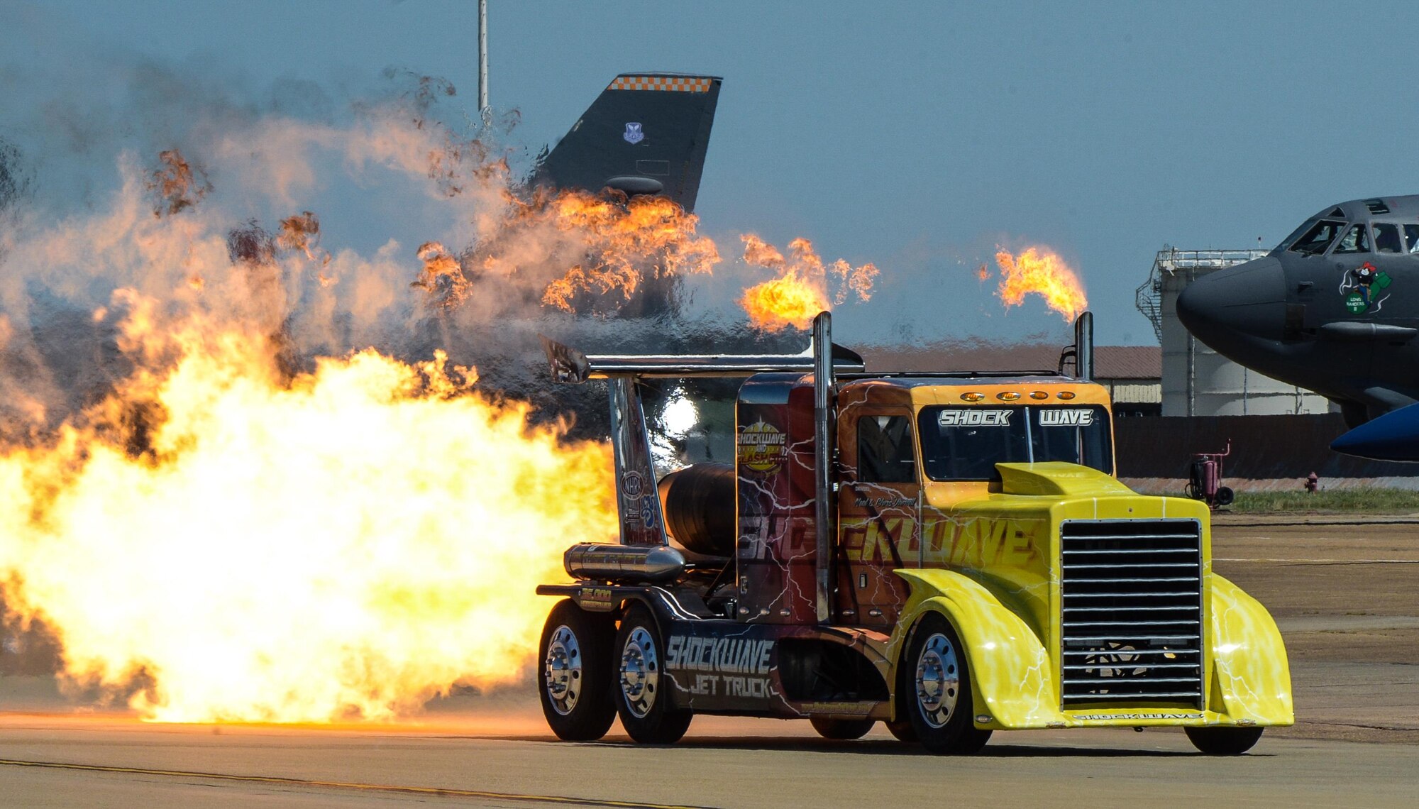 The Shockwave Jet Truck races down the flightline during the 2017 Barksdale Air Force Base Airshow, May 6. Shockwave is the Guinness Book world record holder for the fastest jet truck in the world at 376 mph. (U.S. Air Force photo/Airman 1st Class Curt Beach)