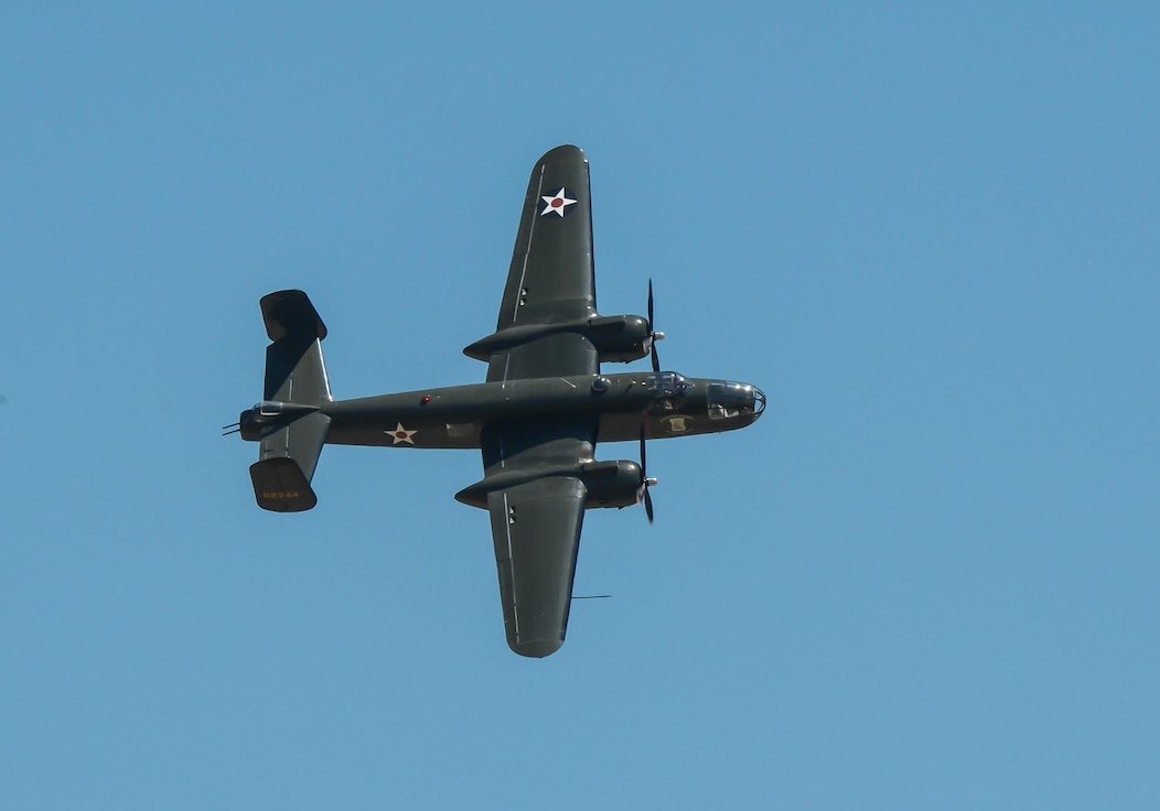 A B-25 Mitchell soars through the air during the 2017 Barksdale Air Force Base Airshow, May 6. The B-25 became one of the classic American aircraft designs to emerge during World War II. And gained national fame as the aircraft used by the famed Doolittle Raiders. (U.S. Air Force photo/Senior Airman Curt Beach)