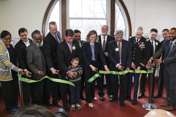 Officials cut the ribbon marking the completion of Phase 1 of the Muddy River Restoration project, April 21, 2017.