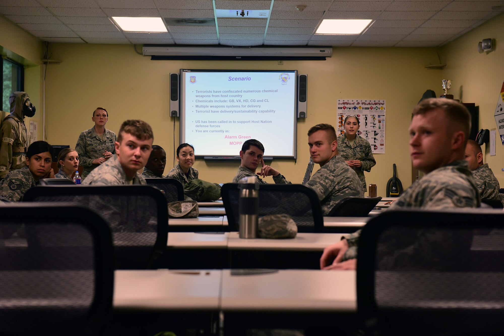 Airmen participate in a chemical, biological, radioactive, and nuclear hands-on course, May 2, 2017, at Seymour Johnson Air Force Base, North Carolina. The class focuses on CBRN threats and how to properly don mission-oriented protective posture gear. (U.S. Air Force photo by Airman 1st Class Kenneth Boyton)