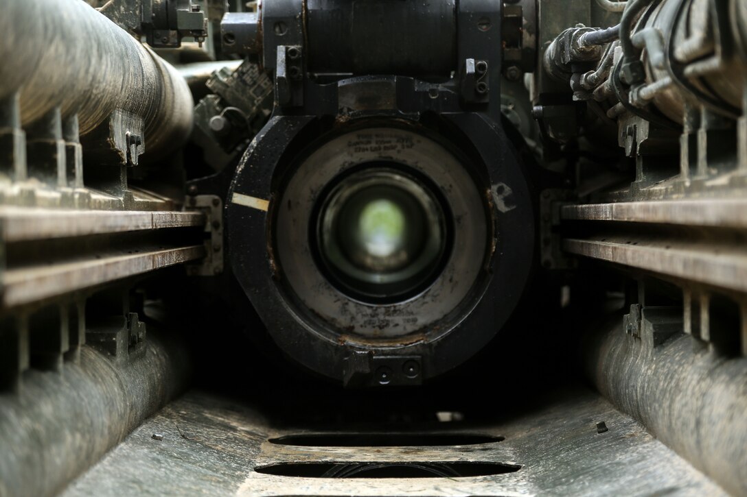 The view inside the chamber of a 155 mm howitzer during the Saber Junction 17 exercise at Hohenfels Training Area, Germany, May 3, 2017. Saber Junction 17 includes nearly 4,500 participants from 13 NATO and European partner nations. Army photo by Pfc. Zachery Perkins