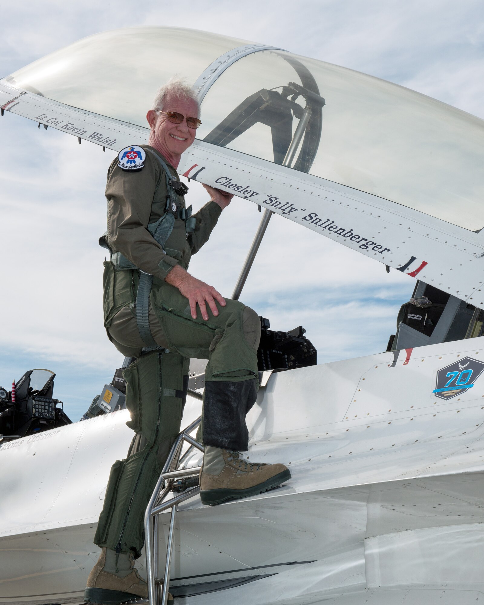 Former airline pilot, Chesley “Sully” Sullenberger III, poses for a photo before his flight with the United States Air Force Thunderbirds at Travis Air Force Base, Calif., May 4, 2017. Sullenberger is a 1973 Air Force Academy graduate and is best known for successfully landing a crippled airliner in the Hudson River saving the lives of 155 passengers. (U.S. Air Force photo by Louis Briscese)