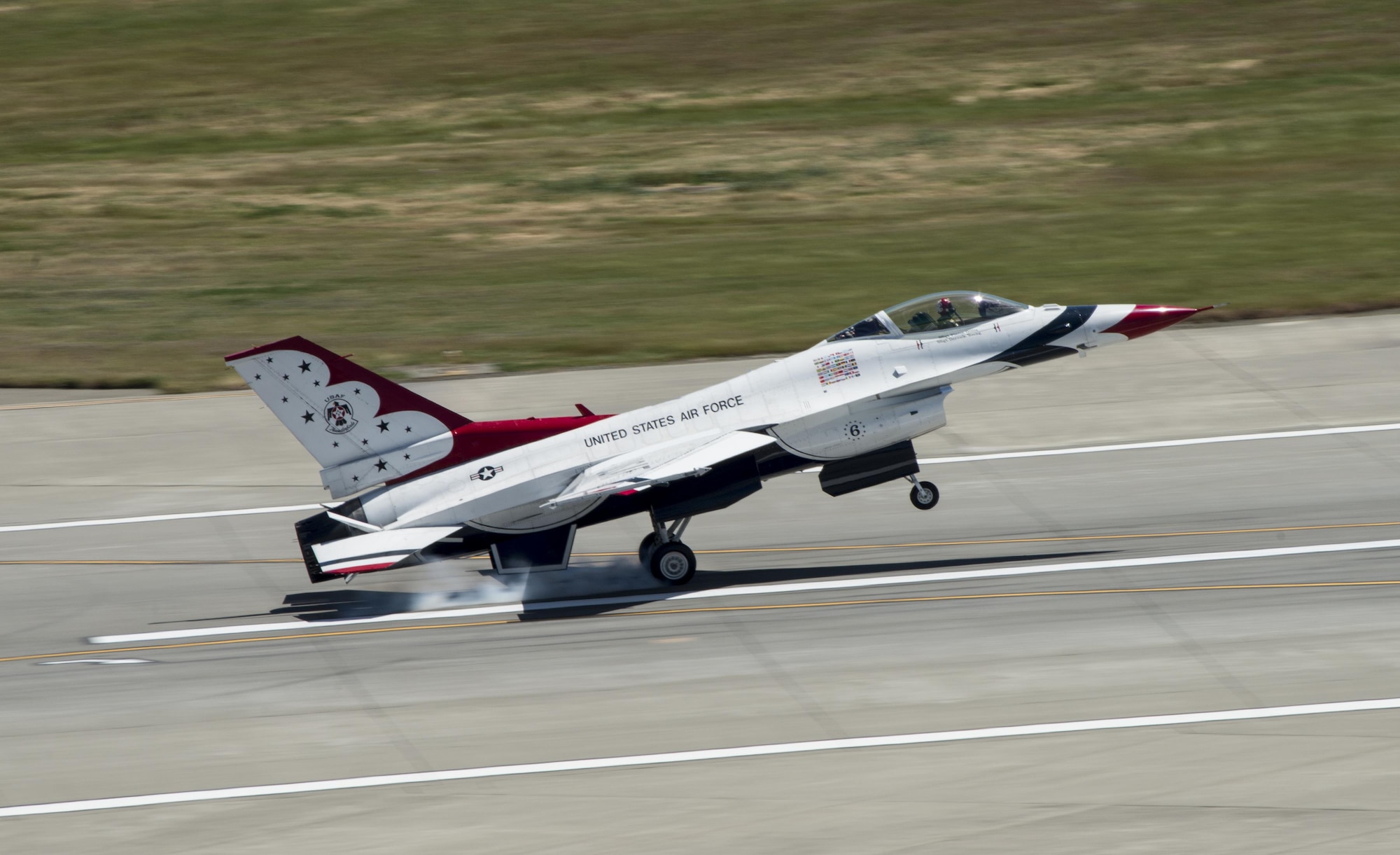 The United States Air Force Thunderbirds arrive at Travis Air Force Base, Calif., May 4, 2017. Shortly after arriving, the Thunderbirds flew with former airline pilot and Air Force Academy graduate Chesley "Sully" Sullenberger III. The Thunderbirds performed in the Wings Over Solano air show, the two-day event also featured skydiving by the U.S. Army Golden Knights parachute team, flyovers and static displays. (U.S. Air Force photo by Heide Couch)