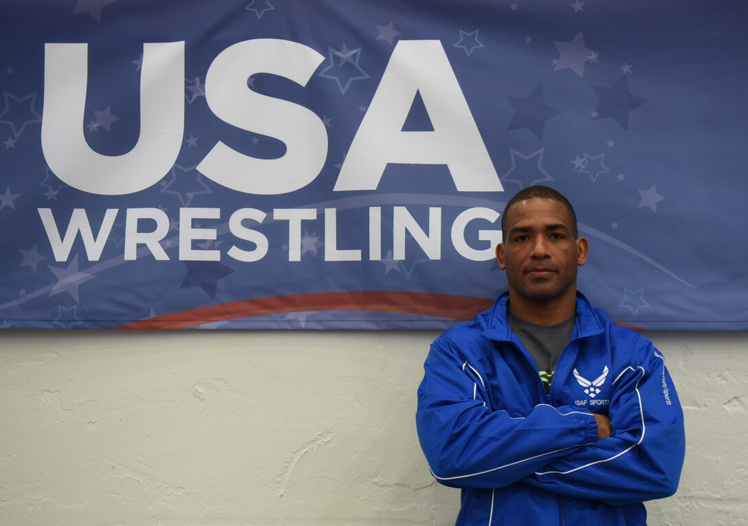 Master Sgt. Sherwin Severin poses at the 2017 Open Wrestling Championships in Las Vegas, Nev., April 29, 2017. Severin is the 90th Missile Security Forces Squadron flight chief and represents the Air Force in Armed Forces Wrestling. He is stationed at F.E. Warren Air Force Base, Wyo. (U.S. Air Force photo by Airman 1st Class Breanna Carter)