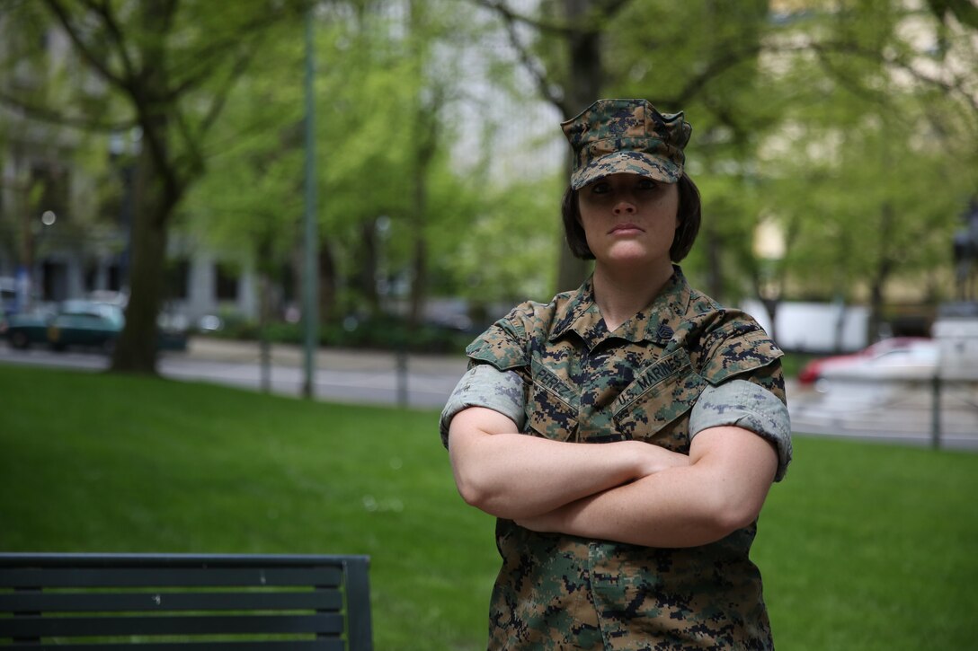 Staff Sgt. Alyson C. Perez, Administrative Chief, Recruiting Station Portland, stands for a photo in Chapman Square, Portland, Oregon, April 28, 2017. The Bourne, Mass., native is a survivor of Stage 2 breast cancer. (U.S. Marine Corps Photo by Sgt. Taylor Morton/Released)