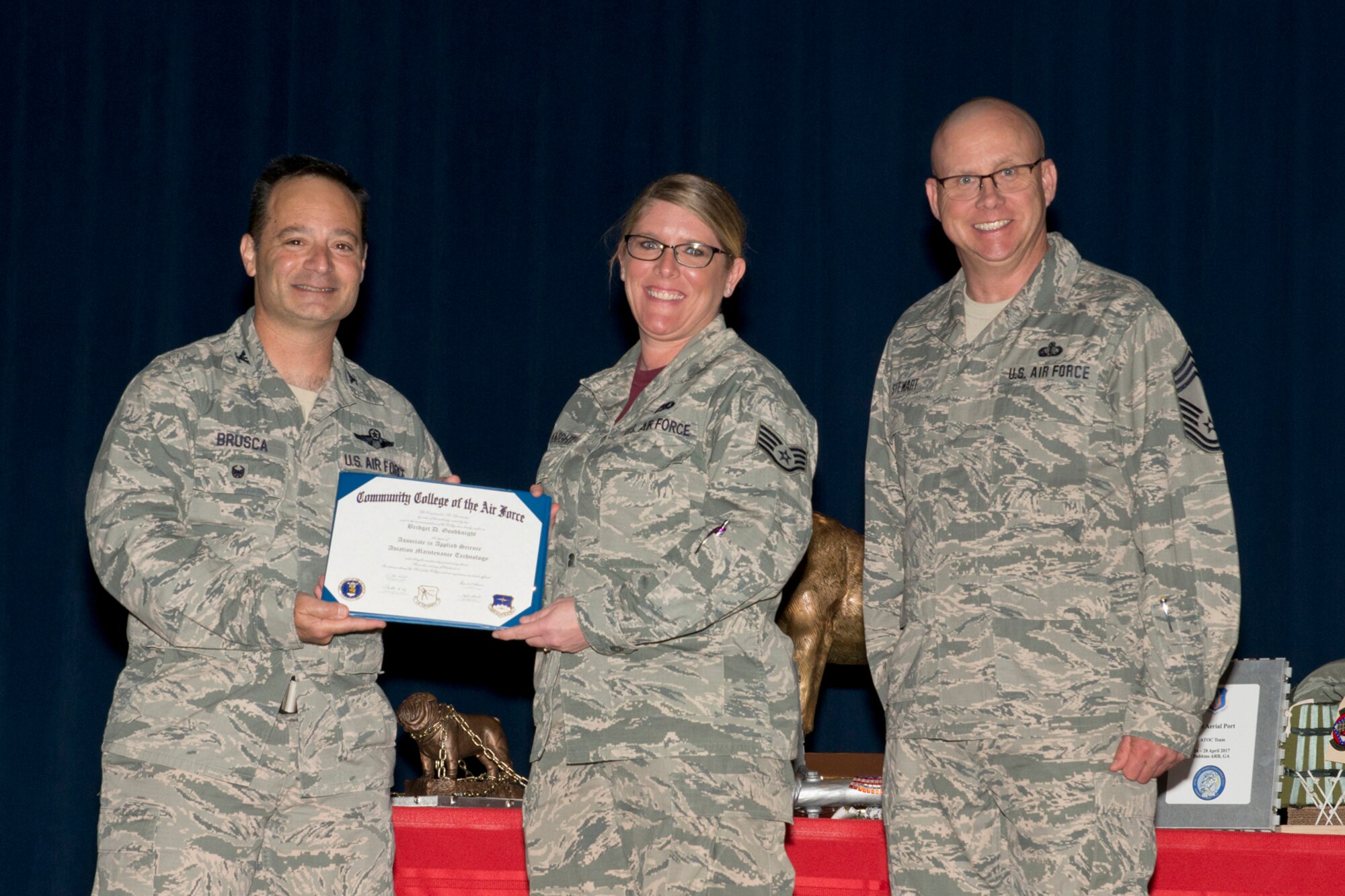 U.S. Air Force Reserve Col. Anthony Brusca, interim commander for the 913th Airlift Group, Staff Sgt. Bridget D. Goodknight, health services management journeyman, 913th Aerospace Medical Squadron and Chief Master Sgt. Paul Stewart, superintendent, 913 AG, pose for a photo during Commander’s Call May 7, 2017, at Little Rock Air Force Base, Ark. Goodknight received her Community College of the Air Force Associate degree in Applied Science Aviation Maintenance Technology. (U.S. Air Force photo by Master Sgt. Jeff Walston/Released)