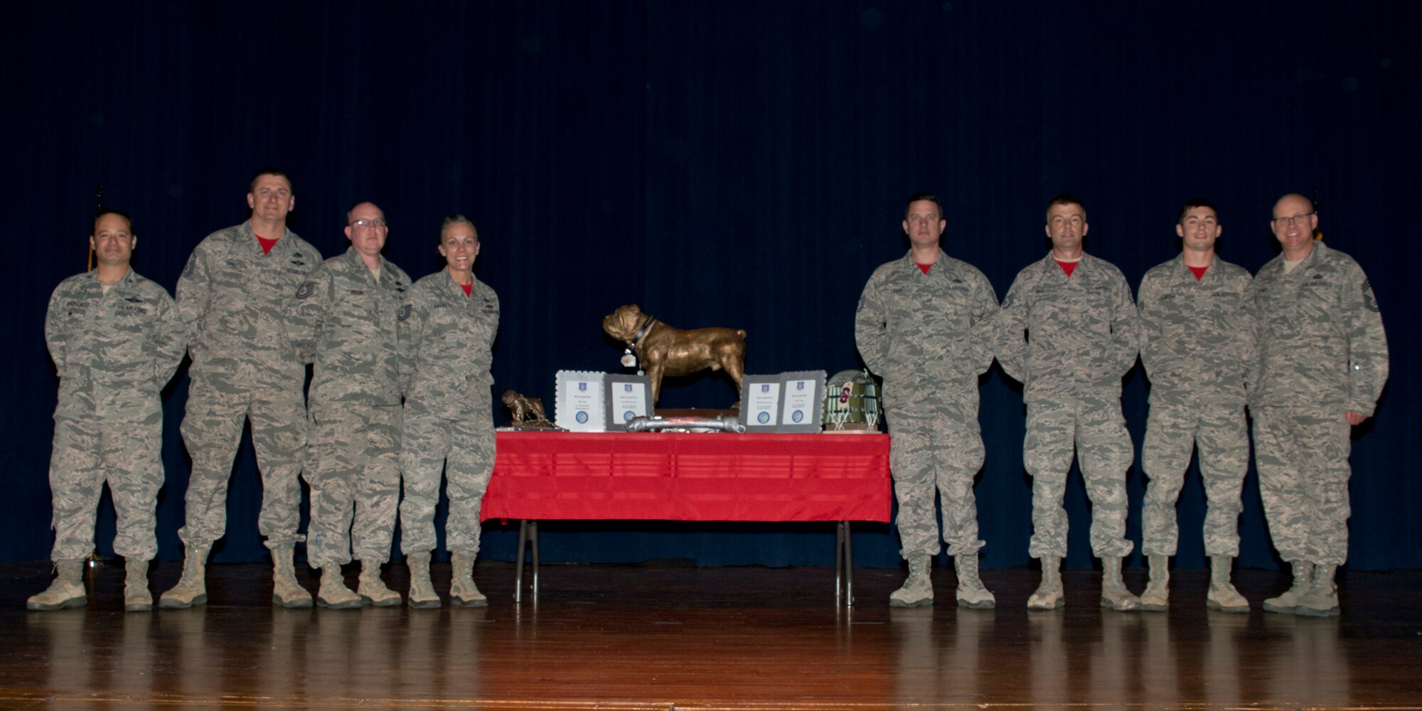 (Left to Right) U.S. Air Force Reserve Col. Anthony Brusca, interim commander for the 913th Airlift Group, Master Sgt. Morgan Abner, 96th Aerial Port Squadron, Tech Sgt. Jason Gibson, 96 APS, Tech Sgt. Kristen Garrett, 96th APS, Tech Sgt. Danny Canup, 96th APS, Staff Sgt. Malcolm Moe, 96 APS, Senior Airman Jacob Carter, 96th APS and Chief Master Sgt. Paul Stewart, superintendent, 913 AG, pose for a photo during Commander’s Call May 7, 2017, at Little Rock Air Force Base, Ark. The 96 APS Airmen recently competed in the 2017 Air Force Reserve Command Port Dawg Challenge at Dobbins Air Reserve Base, Ga., winning the overall “Top Dawg” Trophy against 23 teams as well as taking first place in four of the 12 air transportation categories. (U.S. Air Force photo by Master Sgt. Jeff Walston/Released)