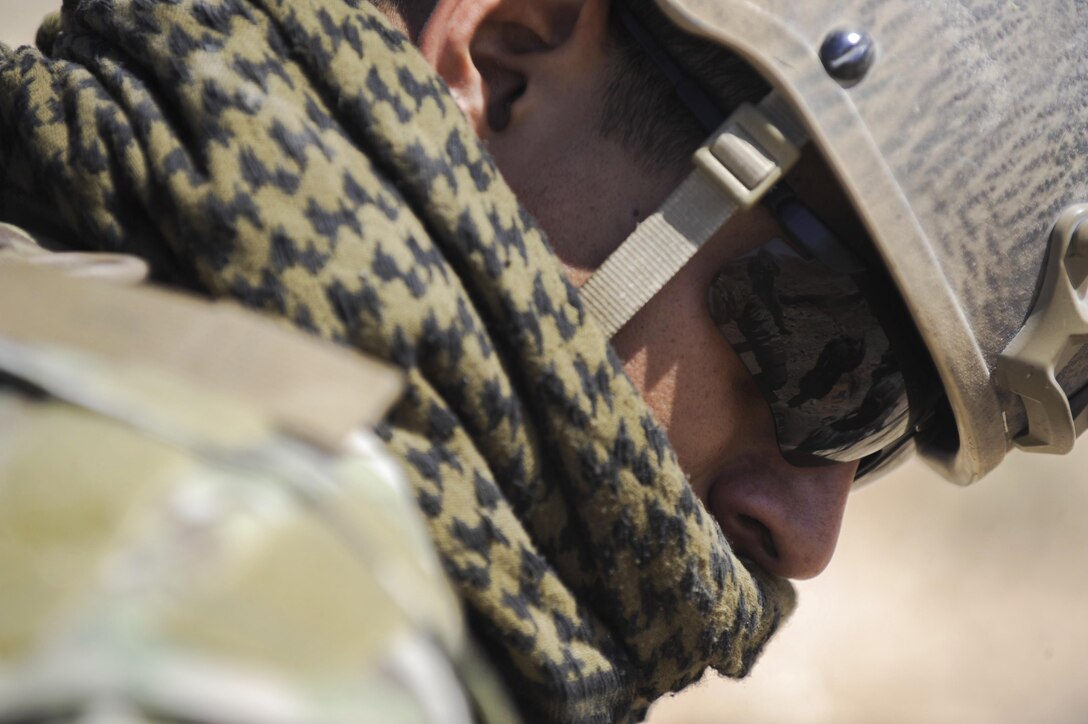 Senior Airman Michael Bemis, 99th Civil Engineer Squadron explosive ordnance disposal technician, participates in a training scenario on Nellis Air Force Base, Nev., May 3, 2017. The training scenarios prepare EOD technicians for what they may encounter in a deployed environment. (U.S. Air Force photo by Senior Airman Kevin Tanenbaum/Released)