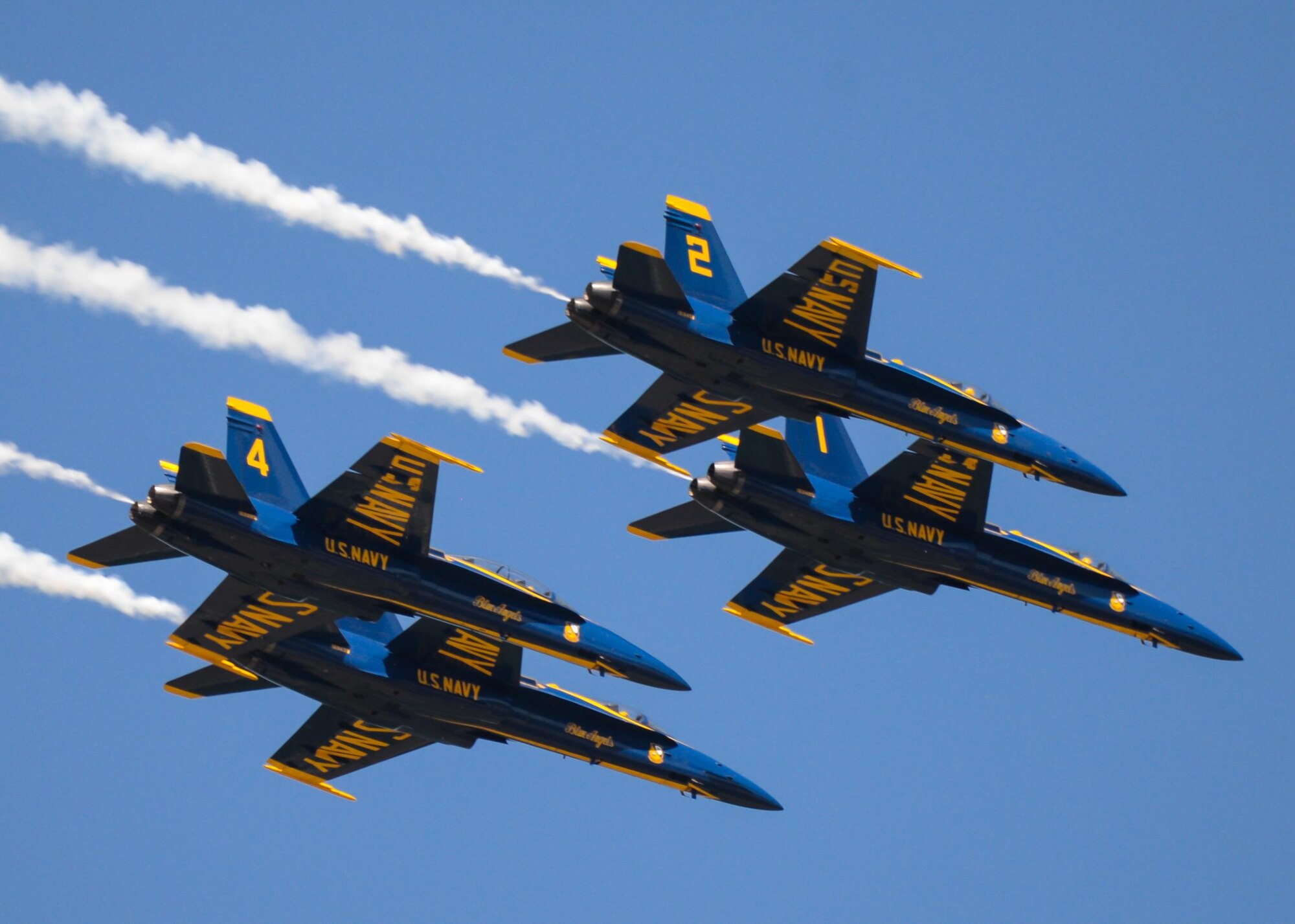 The U.S. Navy Flight Demonstration Team Blue Angels perform aerobatic maneuvers for spectators at the 2017 Barksdale Air Force Base Airshow, May 7. The mission of the Blue Angels is to showcase the pride and professionalism of the United States Navy and Marine Corps by inspiring a culture of excellence and service to country through flight demonstrations and community outreach. (U.S. Air Force photo/Staff Sgt. Benjamin Raughton)