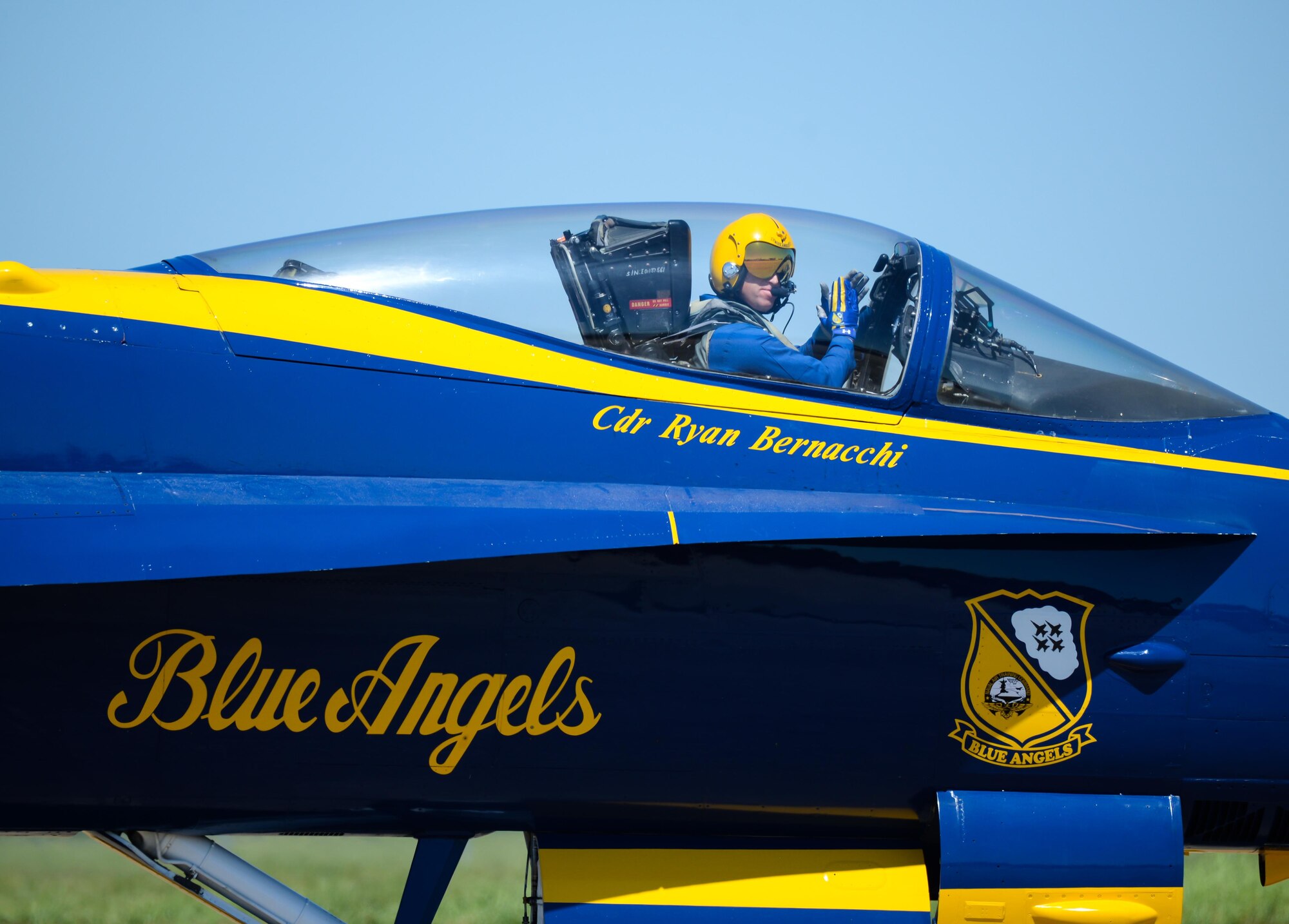 U.S. Navy Cmdr. Ryan Bernacchi, Blue Angels commanding officer, prepares to take to the skies  at the 2017 Barksdale Air Force Base Airshow, May 7. The mission of the Blue Angels is to showcase the pride and professionalism of the United States Navy and Marine Corps by inspiring a culture of excellence and service to country through flight demonstrations and community outreach. (U.S. Air Force photo/Staff Sgt. Benjamin Raughton)