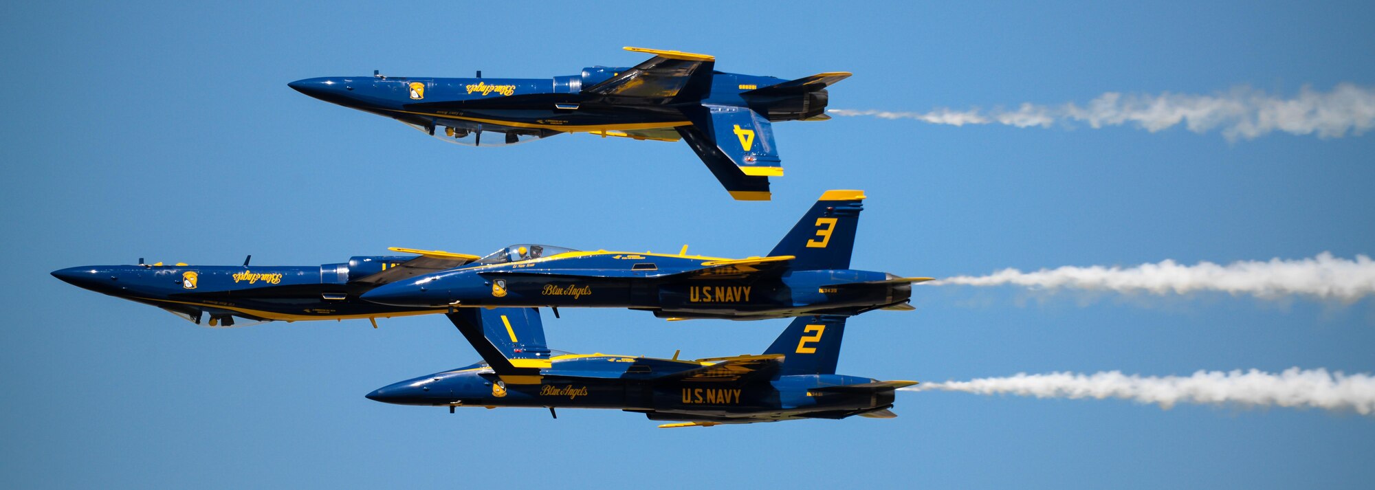 The U.S. Navy Flight Demonstration Team Blue Angels perform aerobatic maneuvers for spectators at the 2017 Barksdale Air Force Base Airshow, May 7. The mission of the Blue Angels is to showcase the pride and professionalism of the United States Navy and Marine Corps by inspiring a culture of excellence and service to country through flight demonstrations and community outreach. (U.S. Air Force photo/Staff Sgt. Benjamin Raughton)