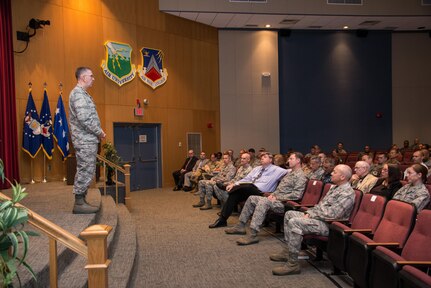 U.S. Air Force Gen. John Hyten (left), commander of U.S. Strategic Command (USSTRATCOM), speaks to Air University students at Maxwell Air Force Base, Ala., May 5, 2017. Hyten discussed USSTRATCOM’s missions and priorities with students from the university’s School of Advanced Air and Space Studies and Air War College (AWC) – including participants in the AWC’s 10-month Blue Horizons fellowship program. During his visit, Hyten also met with Air University students and leaders and toured facilities. Air University provides full-spectrum Air Force education for officers, enlisted and civilian personnel on the capabilities of air and space power, and their role in national security. One of nine Department of Defense unified combatant commands, USSTRATCOM has global strategic missions assigned through the Unified Command Plan that include strategic deterrence, space operations, cyberspace operations, joint electronic warfare, global strike, missile defense, intelligence, and analysis and targeting.