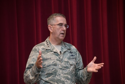 U.S. Air Force Gen. John Hyten, commander of U.S. Strategic Command (USSTRATCOM), speaks to Air University students at Maxwell Air Force Base, Ala., May 5, 2017. Hyten discussed USSTRATCOM’s missions and priorities with students from the university’s School of Advanced Air and Space Studies and Air War College (AWC) – including participants in the AWC’s 10-month Blue Horizons fellowship program. During his visit, Hyten also met with Air University students and leaders and toured facilities. Air University provides full-spectrum Air Force education for officers, enlisted and civilian personnel on the capabilities of air and space power, and their role in national security. One of nine Department of Defense unified combatant commands, USSTRATCOM has global strategic missions assigned through the Unified Command Plan that include strategic deterrence, space operations, cyberspace operations, joint electronic warfare, global strike, missile defense, intelligence, and analysis and targeting.