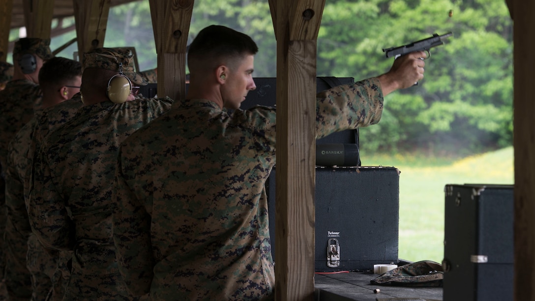 1stLt Philip Urban, a Far East Team competitor, fires down range during the Marine Corps Championships on Marine Corps Base Quantico, Va. May 4, 2017. Each year, the Marine Corps Shooting Team hosts the championship matches for medalists from each regional Marine Corps Markmanship Competition site to compete in individual and team matches.