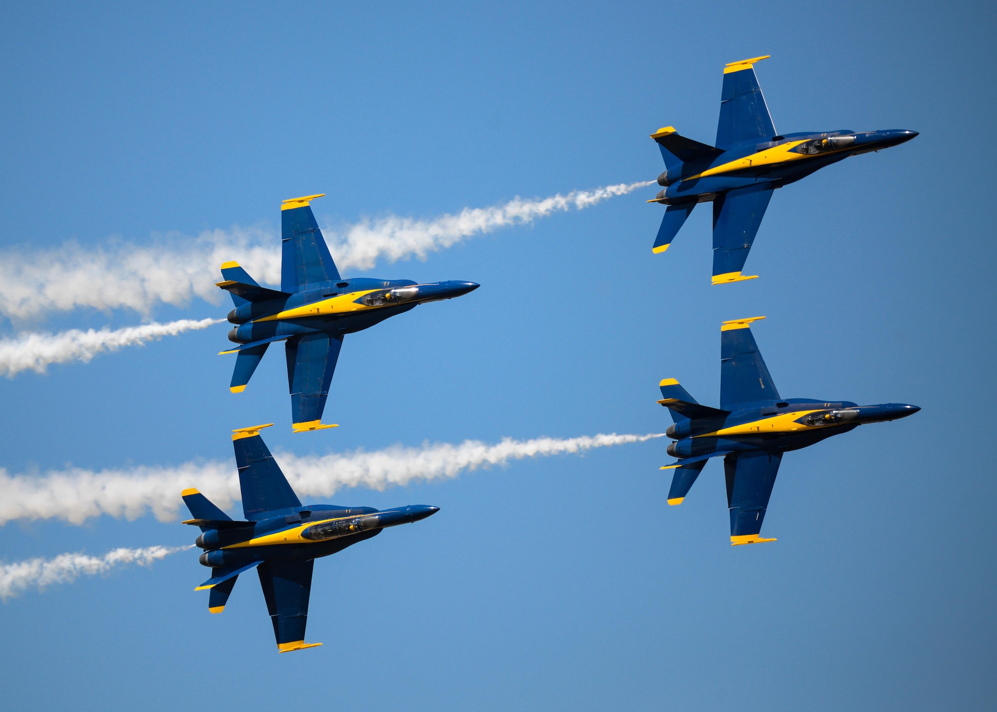 The U.S. Navy Flight Demonstration Team Blue Angels perform aerobatic maneuvers for spectators at the 2017 Barksdale Air Force Base Airshow, May 7. The mission of the Blue Angels is to showcase the pride and professionalism of the United States Navy and Marine Corps by inspiring a culture of excellence and service to country through flight demonstrations and community outreach. (U.S. Air Force photo/Staff Sgt. Benjamin Raughton)