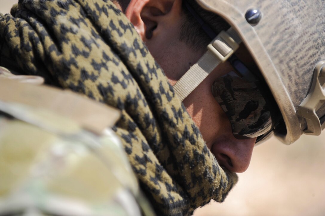 Air Force Senior Airman Michael Bemis, an explosive ordnance disposal technician, participates in a training exercise at Nellis Air Force Base, Nev., May 3, 2017. Air Force photo by Senior Airman Kevin Tanenbaum