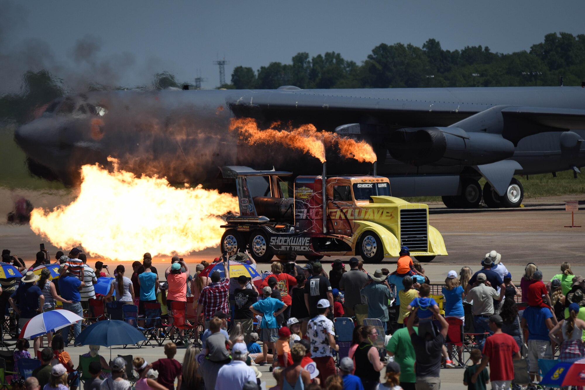The Shockwave Jet Truck rides across the flightline in front of the audience of the Defenders of Liberty Air Show at Barksdale Air Force Base, La., May 7, 2017. The Shockwave currently holds the world record for jet-powered full-sized trucks at 376 miles per hour. (U.S. Air Force photo/Airman 1st Class Stuart Bright)