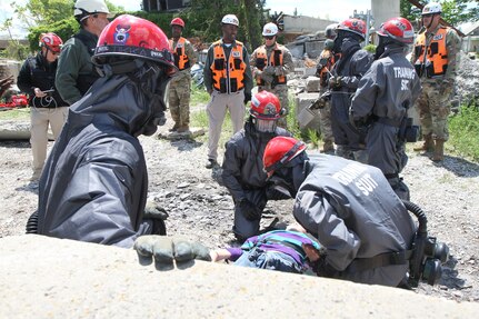 Army Reserve units hit the ground running at Muscatatuck Urban Training Center, Indiana, as the second phase of Guardian Response 17 kicked off on Saturday, May 06, 2017. Soldiers from the 468th Fire Fighting Detachment suited up and surveyed the area before searching and extracting casualties of the simulated nuclear attack.

Nearly 5,000 Soldiers and Airmen from across the country are participating in Guardian Response 17, a multi-component training exercise to validate the military's ability to support Civil Authorities in the event of a Chemical, Biological, Radiological, and Nuclear (CBRN) catastrophe. (U.S. Army Reserve photo by Staff Sgt. Christopher Sofia/Released)