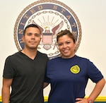 San Antonio native and future Sailor, Minnie Rodriguez, stands with her son, Navy Reservist Hospital Corpsman Seaman Robert Rodriguez Jr.  Minnie, a college readiness coordinator with Southside High School, joined the Navy Reserve one year after her son enlisted.  She is currently in the Delayed Entry Program (DEP) and will leave for basic training in Great Lakes, Mich., on May 22 with follow-on training as an equipment operator. 