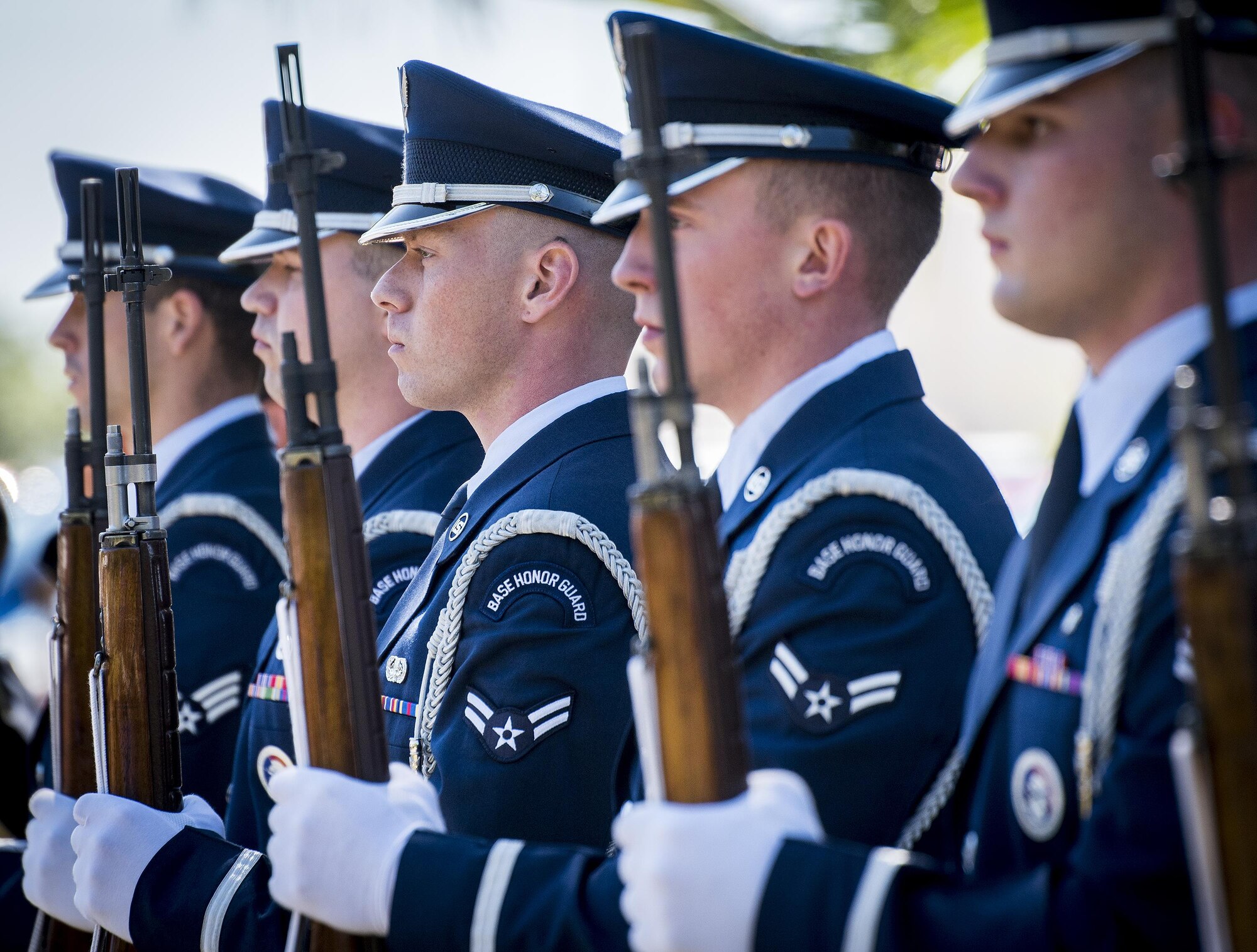 Honor Guard rifle team stand in position after a rifle volley to close out the 48th Annual Explosive Ordnance Disposal Memorial Service, May 6. Names of recent fallen and past EOD technicians are added to the memorial wall and flags presented to their families during a ceremony each year at the Kauffman EOD Training Complex at Eglin Air Force Base, Fla. The Army and Navy added six new names this year. The all-service total now stands at 326. (U.S. Air Force photo/ Samuel King Jr.)