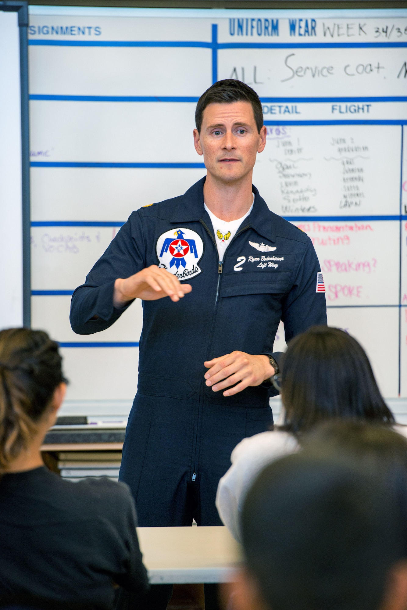 U.S. Air Force Maj. Ryan Bodenheimer, United States Air Force Thunderbirds pilot #2, speaks with Junior Reserve Officer Training Corps students at Vanden High School, Fairfield, Calif., May 5. The Thunderbirds performed in the Wings Over Solano Air Show at Travis Air Force Base, Calif May 6 - 7. (U.S. Air Force photo by Louis Briscese)