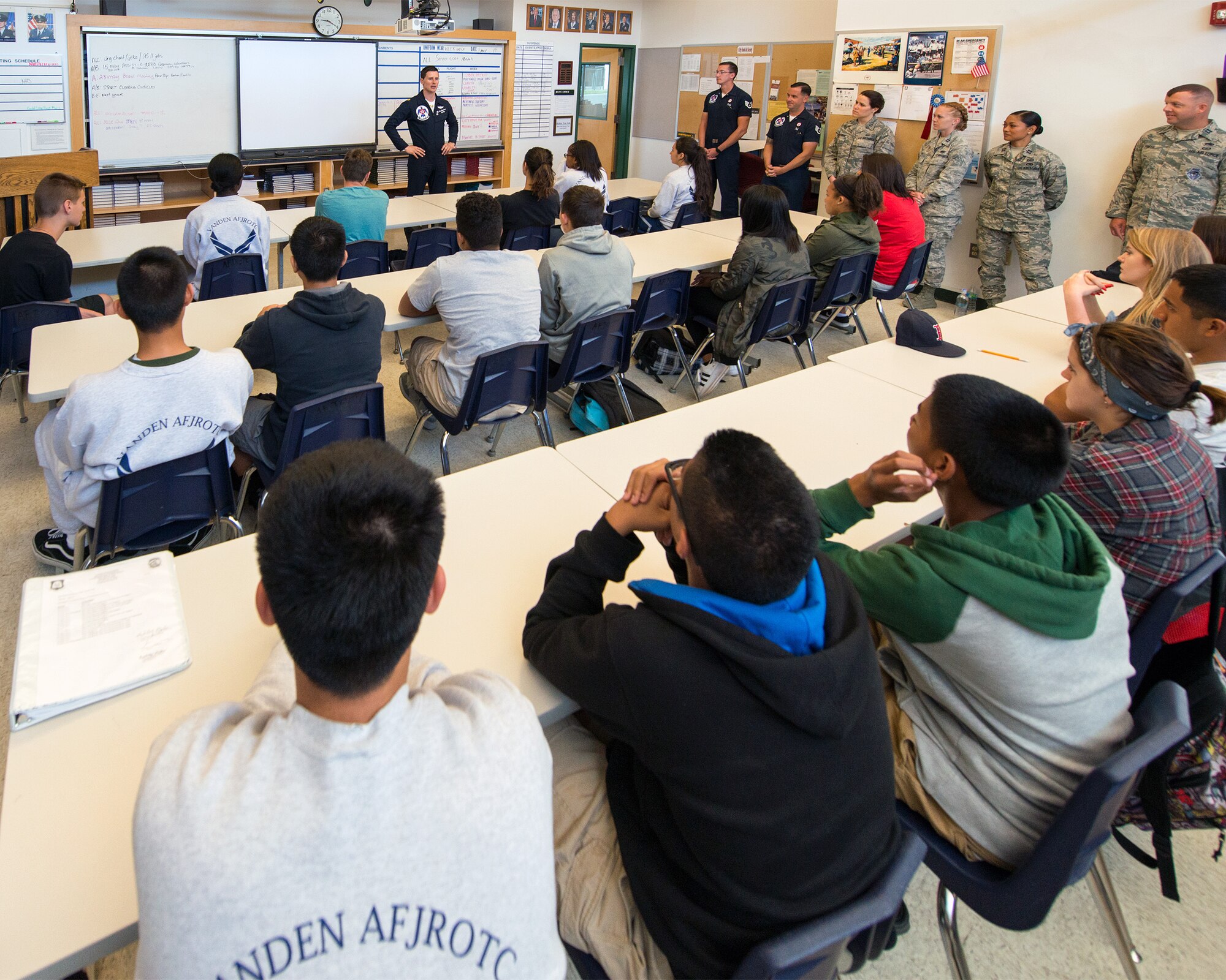 U.S. Air Force Maj. Ryan Bodenheimer, United States Air Force Thunderbirds pilot #2, speaks with Junior Reserve Officer Training Corps students at Vanden High School, Fairfield, Calif., May 5. The Thunderbirds performed in the Wings Over Solano Air Show at Travis Air Force Base, Calif May 6 - 7. (U.S. Air Force photo by Louis Briscese)
