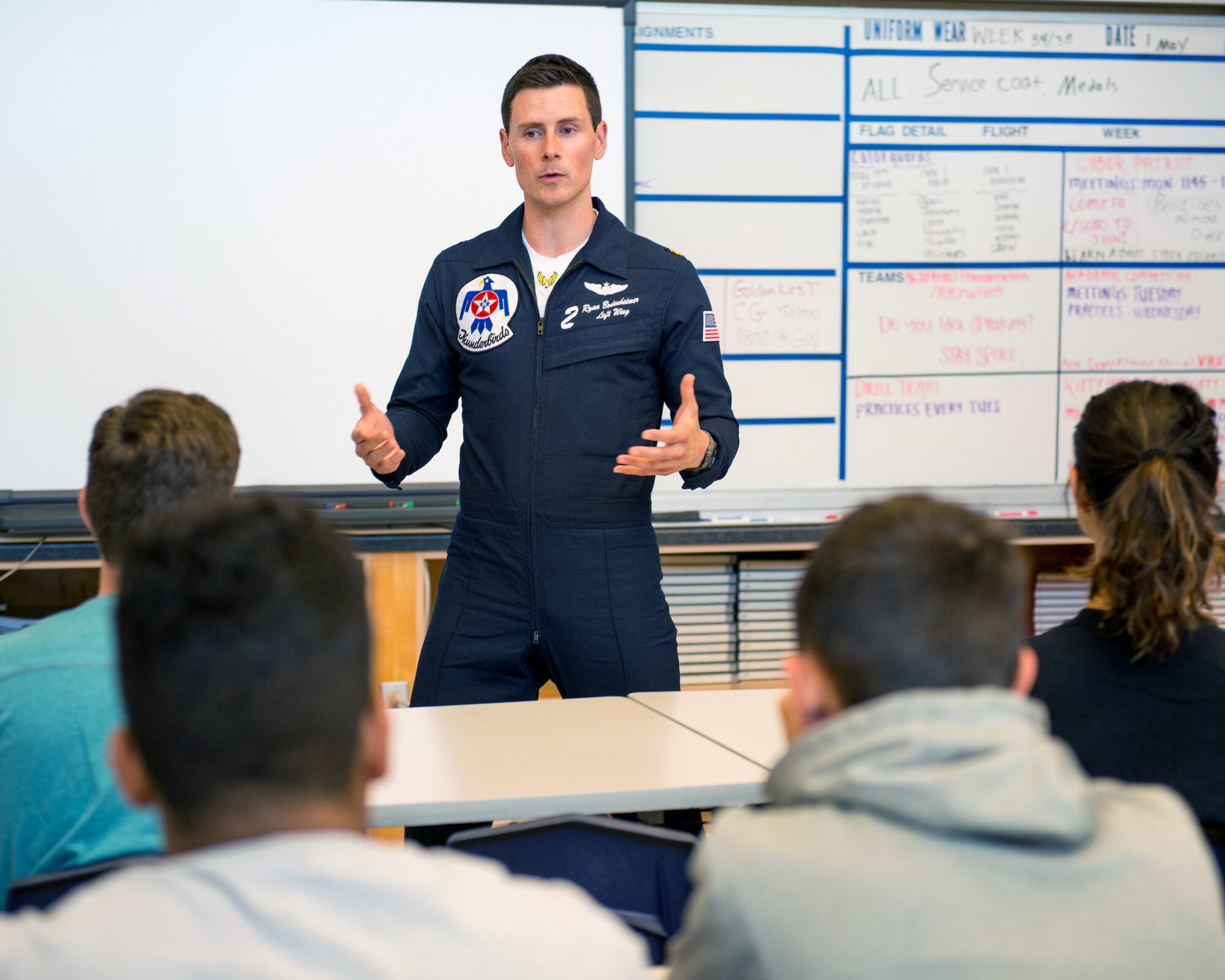U.S. Air Force Maj. Ryan Bodenheimer, United States Air Force Thunderbirds pilot #2, speaks with Junior Reserve Officer Training Corps students at Vanden High School, Fairfield, Calif., May 5. The Thunderbirds performed in the Wings Over Solano Air Show at Travis Air Force Base, Calif May 6 - 7. (U.S. Air Force photo by Louis Briscese)