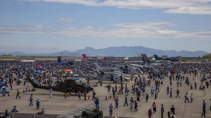 Japanese locals view various U.S. and Japanese static display aircraft during the 41st Japan Maritime Self-Defense Force – Marine Corps Air Station Iwakuni Friendship Day at MCAS Iwakuni, Japan, May 5, 2017. Displays included of F/A-18C and F/A-18D Hornets, an MV-22B Osprey and F-35B Lightning II from the III Marine Expeditionary Force, F-16 Fighting Falcon, A-10 Thunderbolt II, and KC-135 Stratotanker from U.S. forces in Korea. Displays also encompassed a C-1, MC-130J, A6M Zero, and MCH-101 from the Japan Air Self-Defense Force and JMSDF, along with WACO biplanes and Cessna airplanes from the Aircraft Owners and Pilots Association Japan. 