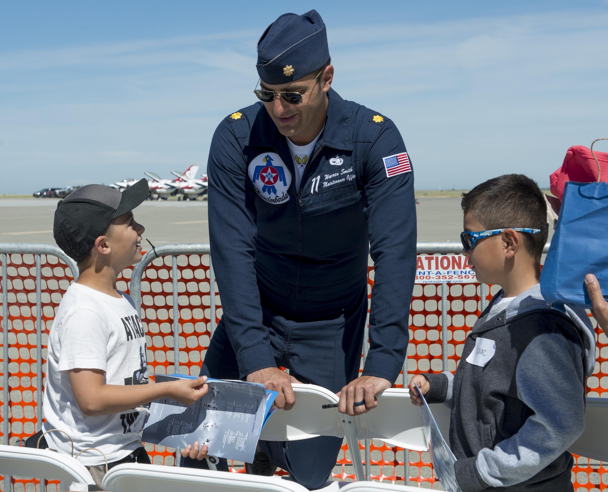 The United States Air Force Thunderbirds meet with and sign autographs for children from the Make-A-Wish Foundation at Travis Air Force Base, Calif., May 5, 2017, prior to the Wings Over Solano Air Show. The two-day event featured performances by the Thunderbirds, flyovers and static displays. (U.S. Air Force photo by Heide Couch)