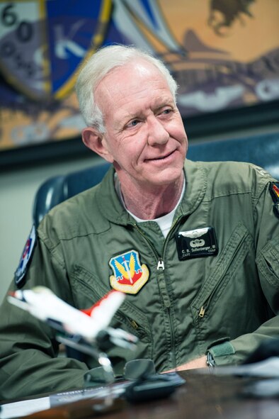 Former airline pilot Chesley “Sully” Sullenberger III listens to a briefing before his flight with the United States Air Force Thunderbirds at Travis Air Force Base, Calif., May 4, 2017. Sullenberger is a 1973 Air Force Academy graduate and is best known for successfully landing a crippled airliner in the Hudson River saving the lives of 155 passengers. (U.S. Air Force photo by Louis Briscese)