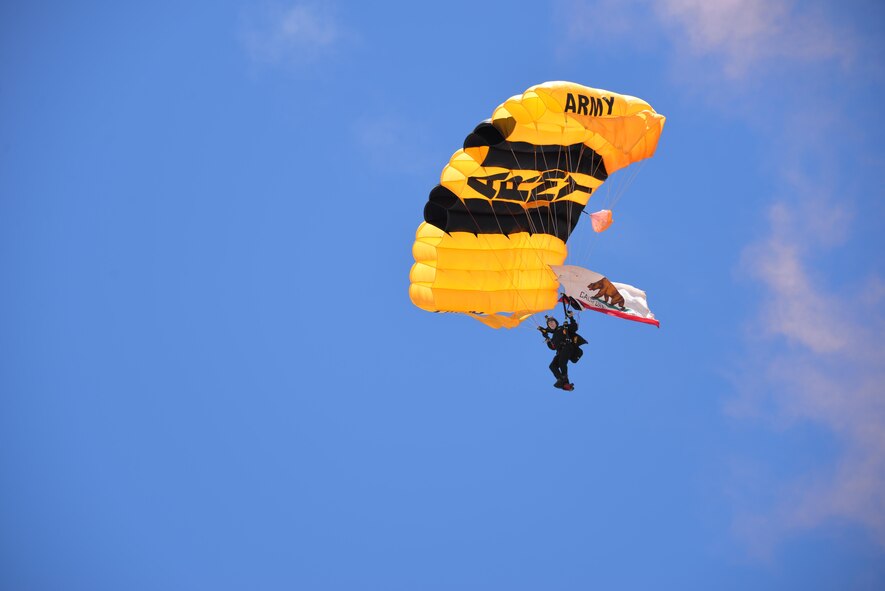 The U.S. Army Golden Knights parachute team perform skydiving maneuvers May 4 at Fairfield High School in Fairfield, Calif. The Golden Knights were in Northern California for the "Wings Over Solano" Air Show May 6-7 at Travis Air Force Base.