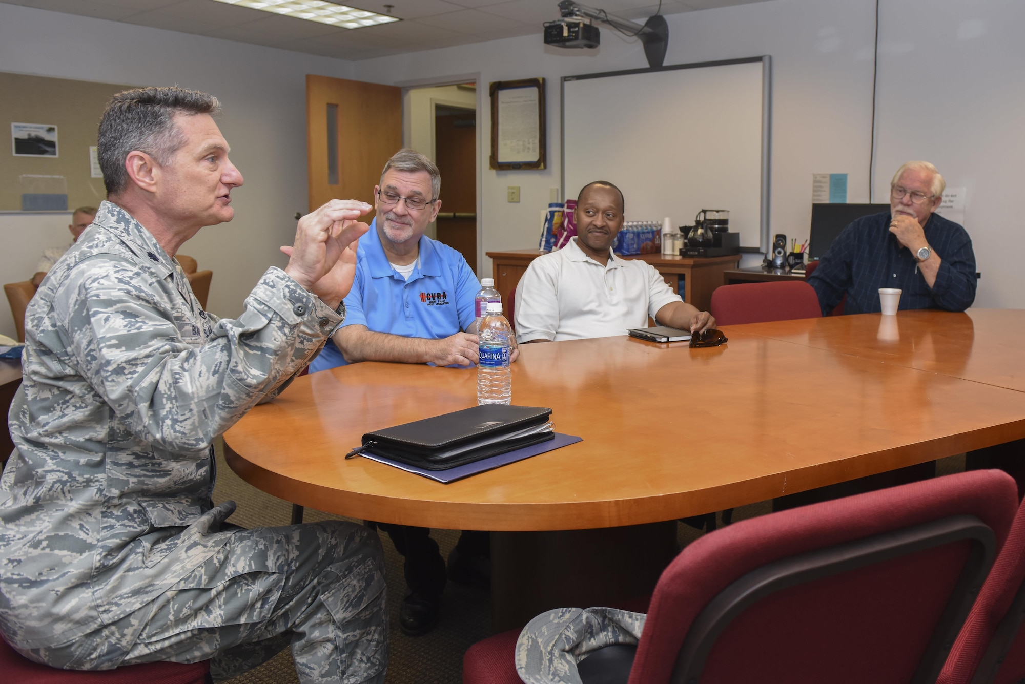 U.S. Air Force Chaplain (Lt. Col.) Robert Borger, 17th Training Wing chaplain, speaks to a group of local religious leaders as part of the Ministerial Alliance at the Taylor Chapel on Goodfellow Air Force Base, Texas, May 4, 2017. The alliance was made to better help the religious needs of the community. (U.S. Air Force photo by Airman 1st Class Chase Sousa/Released)