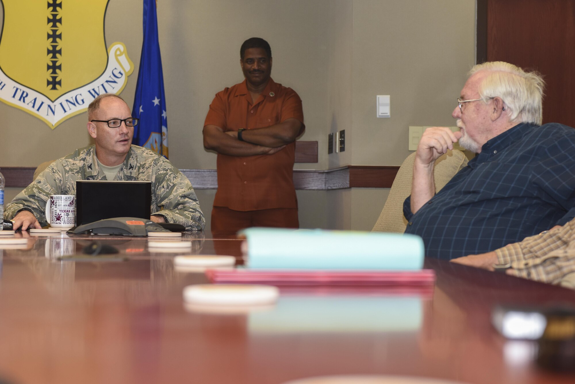 U.S. Air Force Col. Michael Downs, 17th Training Wing Commander, speaks to local pastors at the Norma Brown Headquarters building on Goodfellow Air Force Base, Texas, May 4, 2017. The meeting was part of the Ministerial Alliance to boost spiritual resiliency on and off base. (U.S. Air Force photo by Airman 1st Class Chase Sousa/Released)