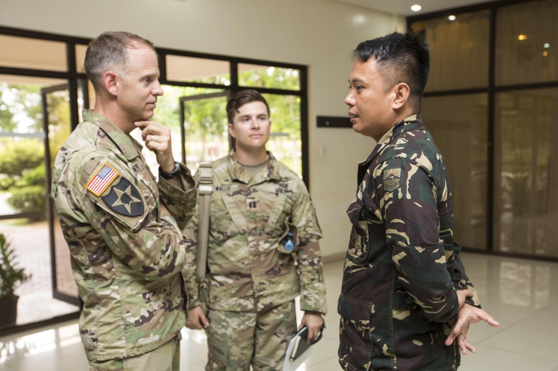 U.S. Army Lt. Col. Ted Kleisner and Philippine Army Maj. Ted Soriano meet and discuss bilateral training plans for Balikatan 2017 at Ft. Magsaysay in Santa Rosa, Nueva Ecija, May 5, 2017. Kleisner is the commander of 1st Battalion, 23rd Infantry Regiment, and Soriano is the commander of the 84th Infantry Battalion. Balikatan is an annual U.S.-Philippine bilateral  military exercise focused on a variety of missions including humanitarian and disaster relief, counterterrorism, and other combined military operations. 