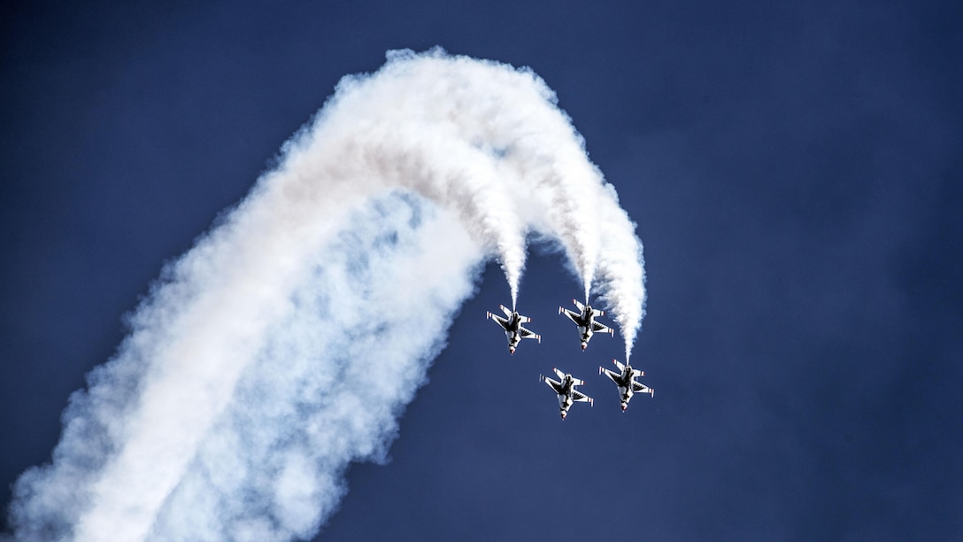 The Thunderbirds, the Air Force aerial demonstration team, perform at the Wings Over Solano Air Show at Travis Air Force Base, Calif., May 7, 2017. Air Force photo by David Cushman